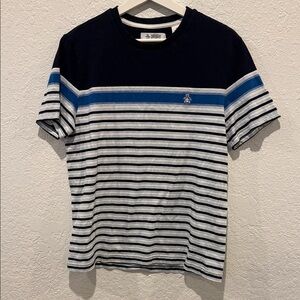 Original Penguin Men's Black and Blue Striped Tee, Size M